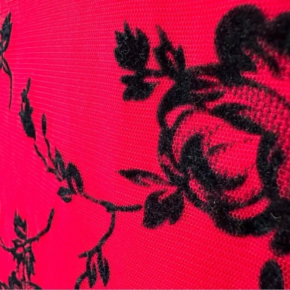 Vintage Y2K Small Whimsigoth Red Maxi Dress Black Velvet Roses Overlay Strappy
